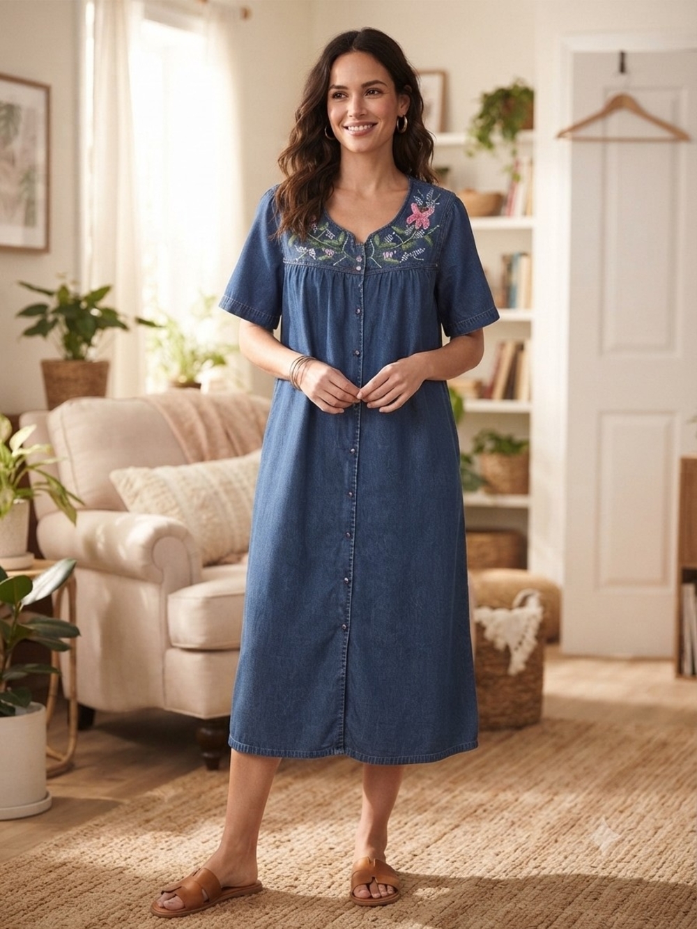 La Cera Denim Floral Button Front Midi Dress